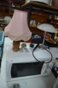 Microwave Oven and Two Table Lamps