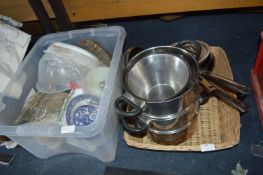 Tub and a Basket of Kitchenware Including Stainles