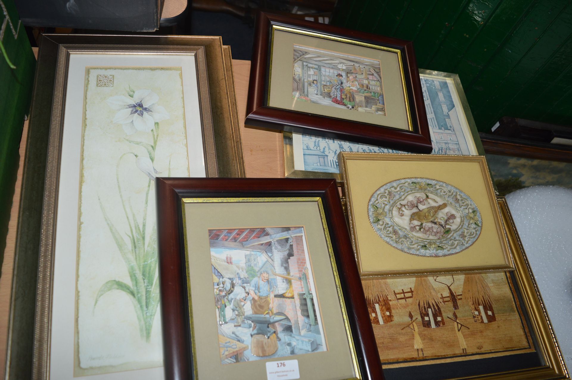 Assorted Framed Pictures including Lowry & Embroidery