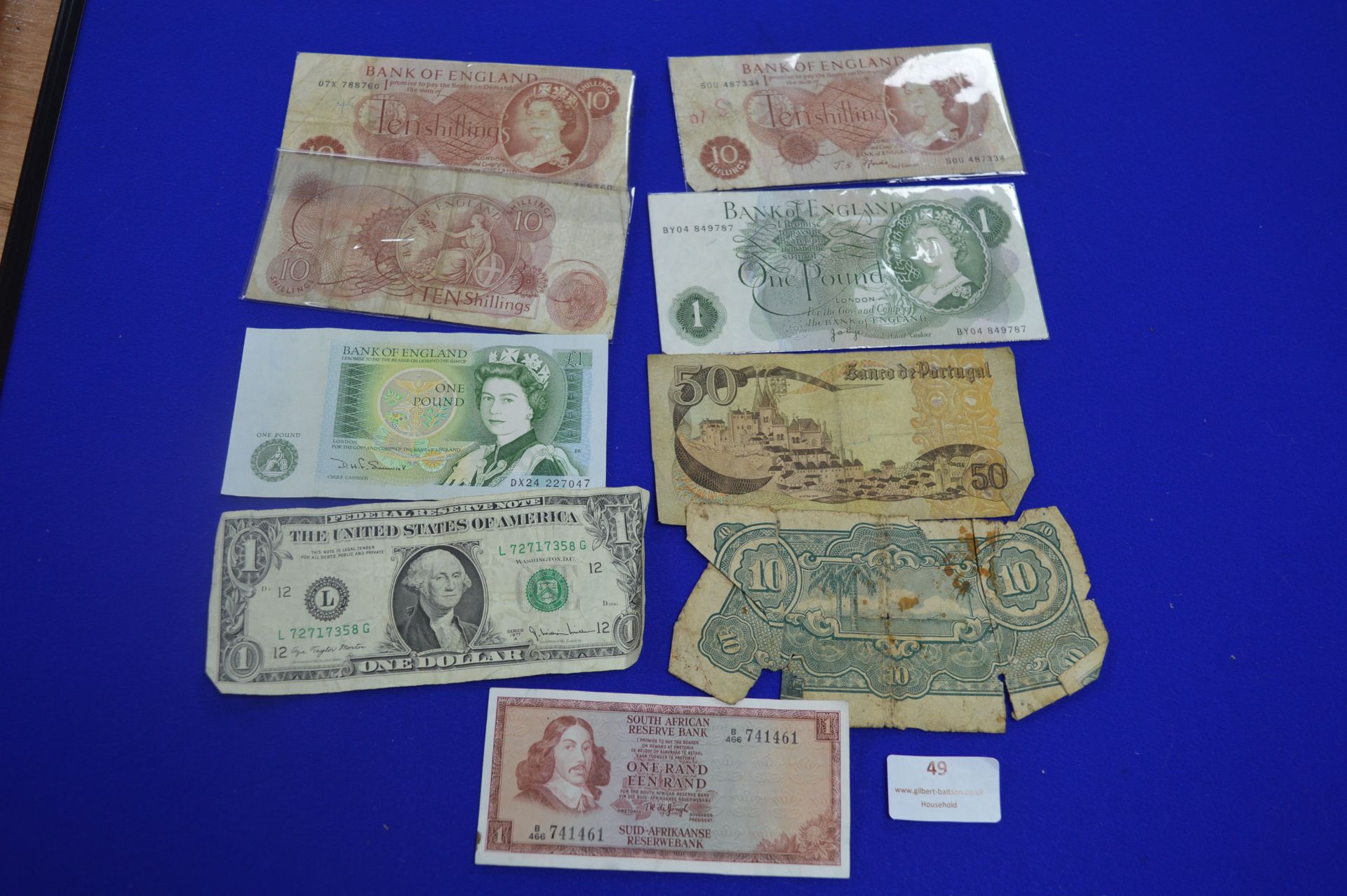 Vintage Bank Notes; Bank of England 10 Shillings, £1, US Dollars, etc.