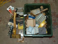 Box of Tools and Fittings Including Hatchet, Screws, Paint Brushes, etc.
