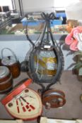 Vintage Light Fitting, Fishing Reel, and Manicure