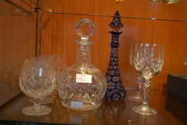 Cut Crystal Decanter, Four Brandy Balloons, Blue Glass Decanter and Two Wine Glasses