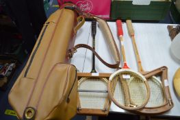 Three Vintage Badminton Rackets and a Golf Bag