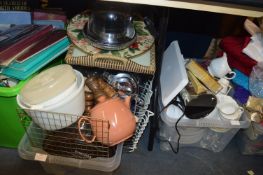 Two Tubs of Kitchenware, Pottery Items, Trays, etc