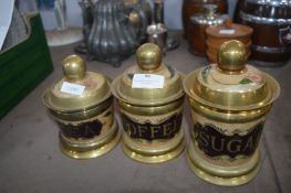 Three Brass and Enamel Kitchen Storage Jars