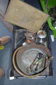Copper Coal Scuttle, Brass Tray, Irons, etc.