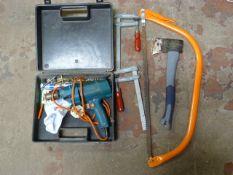 Black & Decker Drill, Clamps, Hatchet, and Saw