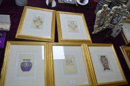 Five Gilt Framed Prints of Classical Vases, etc.