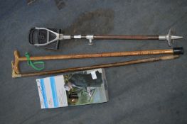 Shooting Stick, Two Walking Sticks, and a Folding