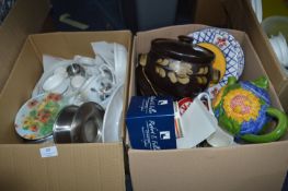 Two Boxes of Kitchen Pottery; Teapots, Plates, etc