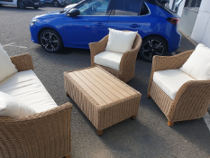 * 4 Piece Rattan Set. Used. 1 x 2seater sofa, 2 x chairs, 1 coffee table. With covers - Collection A