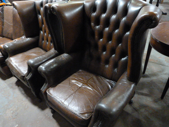 *Pair of Brown Chesterfield Wingback Armchairs