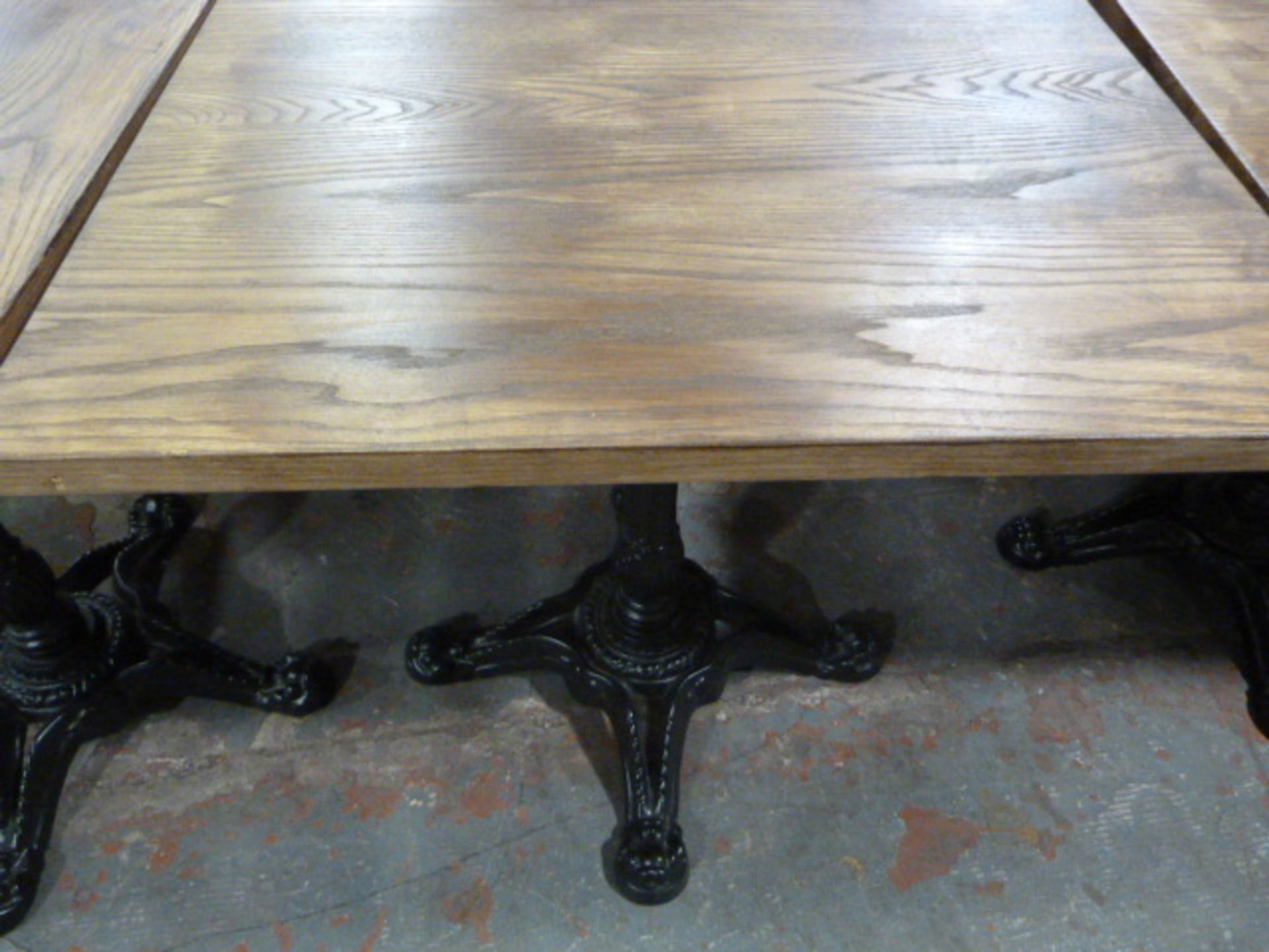 *Wooden Topped Square Table on Single Pedestal Cast Ion Base ~65x65x73cm