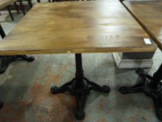 *Wooden Topped Square Table on Single Pedestal Cast Ion Base ~65x65x73cm