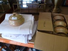 *Six Pottery Soup Bowls and a Small Quantity of Tablecloths etc.