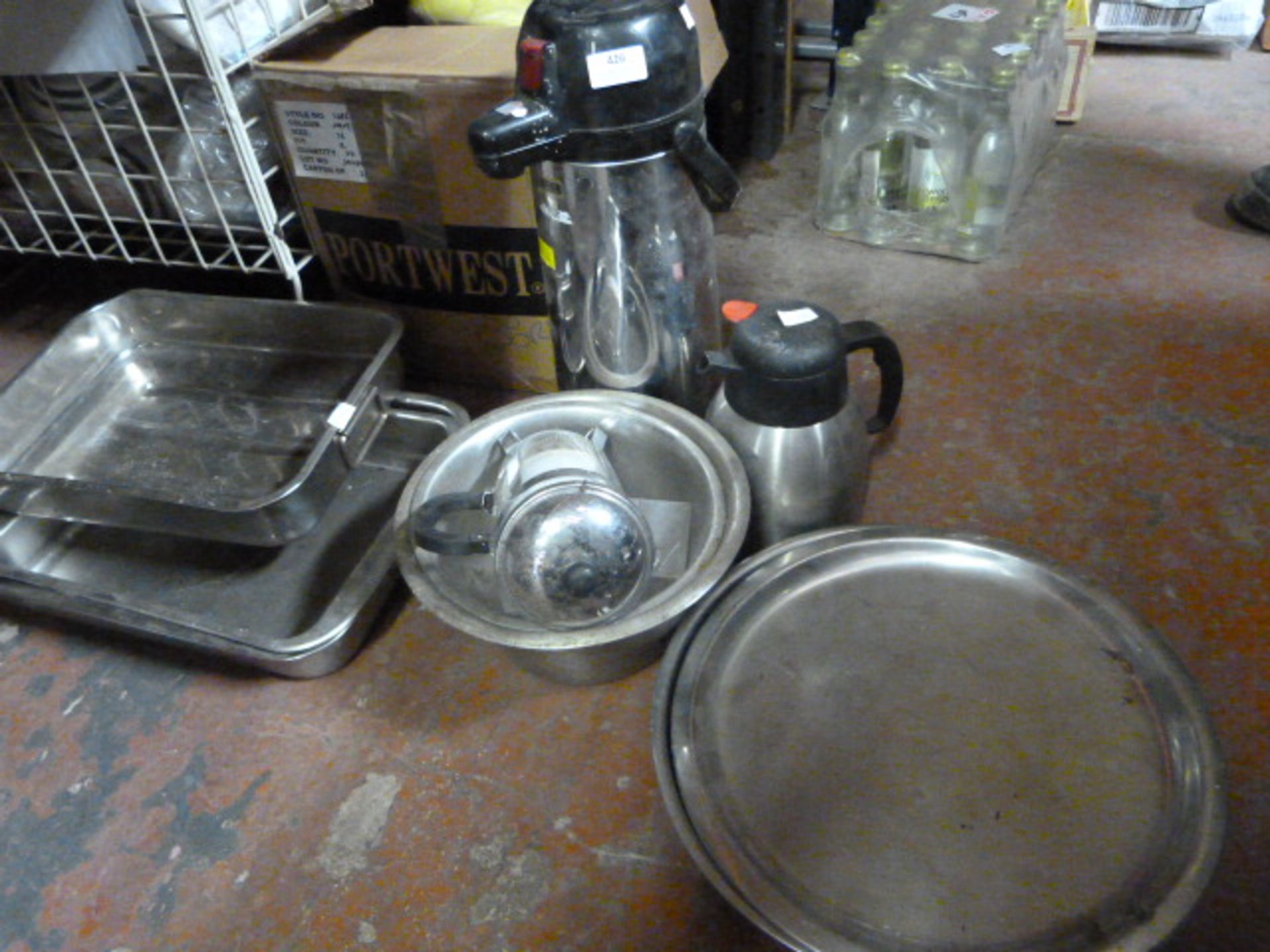 Two Thermos Jug and Assorted Stainless Steel Trays