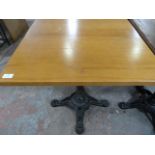 *Wooden Topped Square Table on Single Pedestal Cast Ion Base ~65x65x73cm