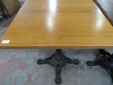 *Wooden Topped Square Table on Single Pedestal Cast Ion Base ~65x65x73cm