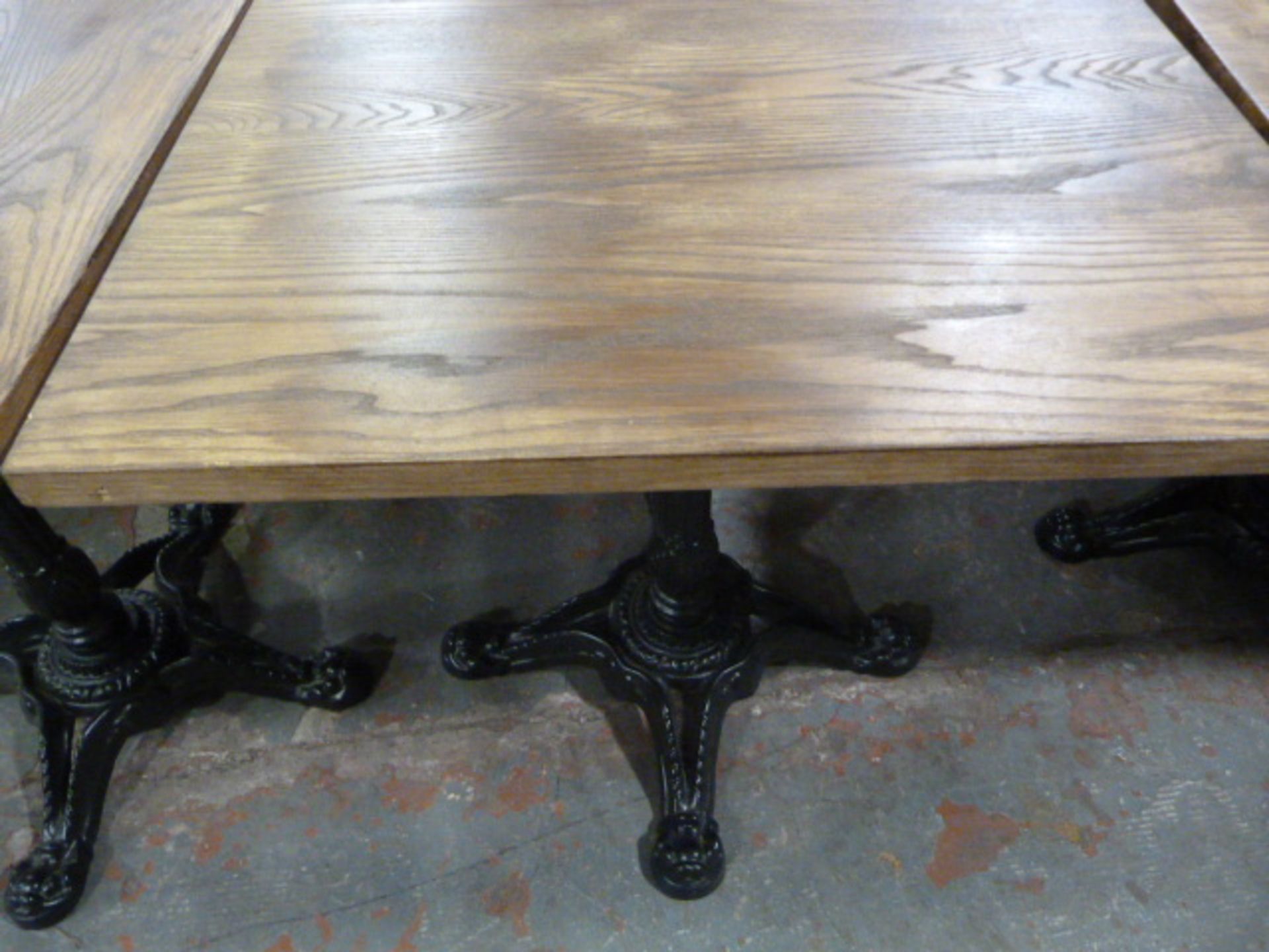 *Wooden Topped Square Table on Single Pedestal Cast Ion Base ~65x65x73cm