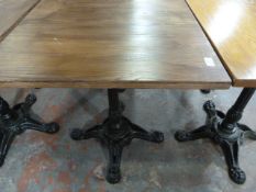 *Wooden Topped Square Table on Single Pedestal Cast Ion Base ~65x65x73cm