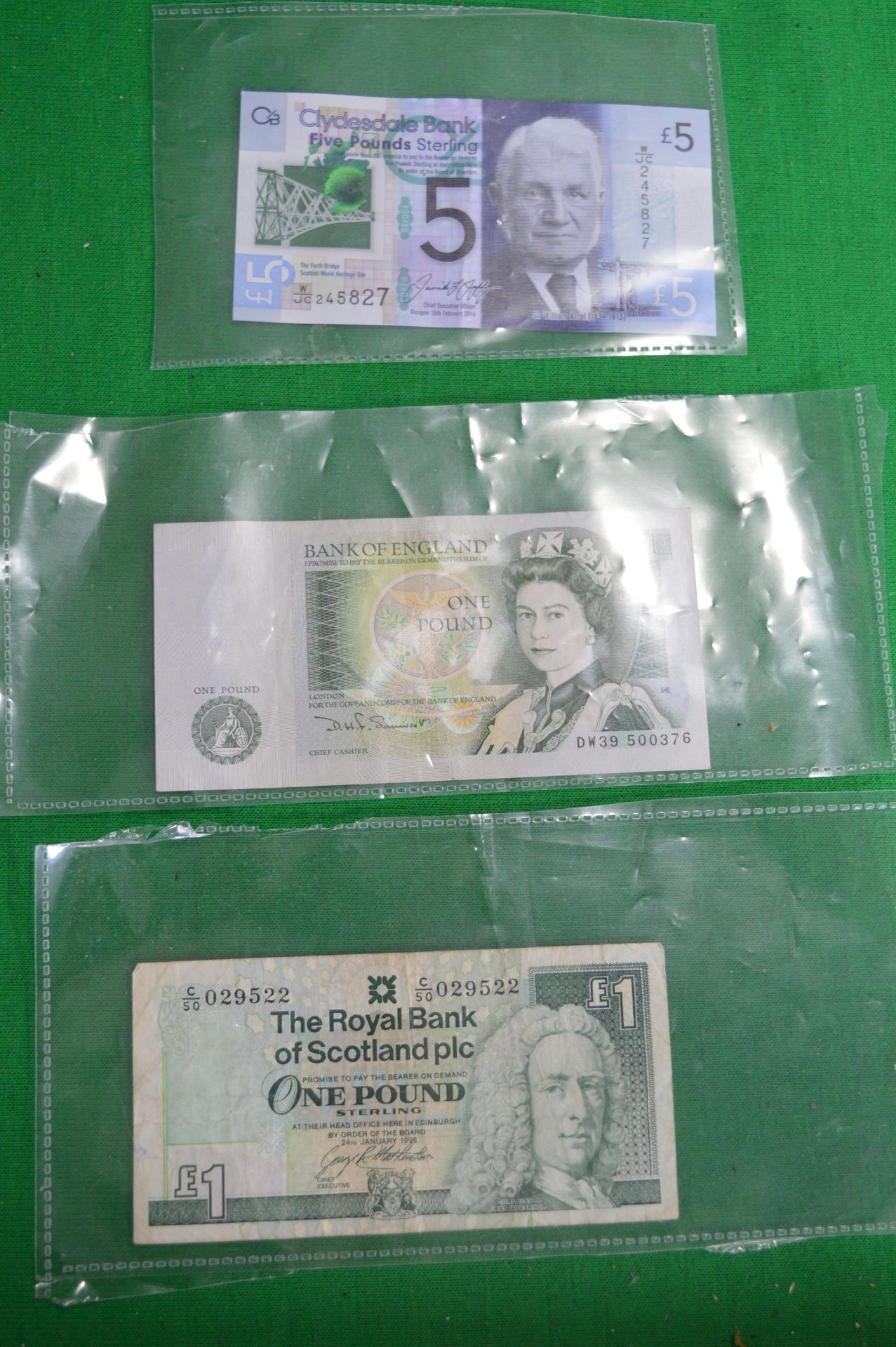 Scottish £5 Note and £1 Note, plus UK £1 Note