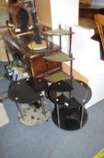 Two Black Glass & Chrome Occasional Tables and a W