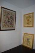 Framed Embroidery plus Two Gilt Framed Floral Prin