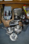 Two Large Boxes of Stainless Steel Kitchenware