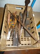 Box of Vintage Tools Including Chisels, Trammel, Planes, etc.