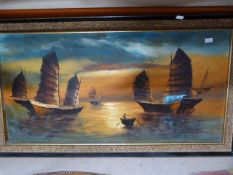 Large Chinese Framed Oil on Canvas of Junks