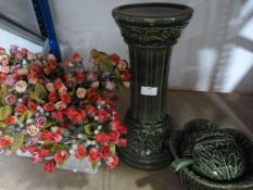 Green Glazed Plant Stand, Tureen, and a Quantity of Glasses with Artificial Flowers
