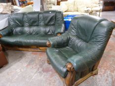 Heavy Oak Green Leatherette Two Seat Sofa and Armchair