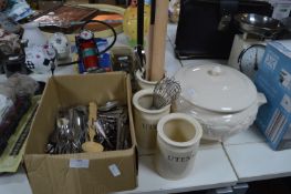 Box of Cutlery, Three Utensil Jars, and Large Lidd