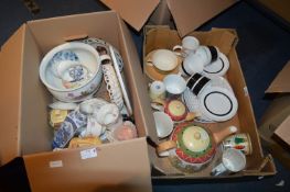 Two Boxes of Pottery Items; Teapots, Mugs, etc.