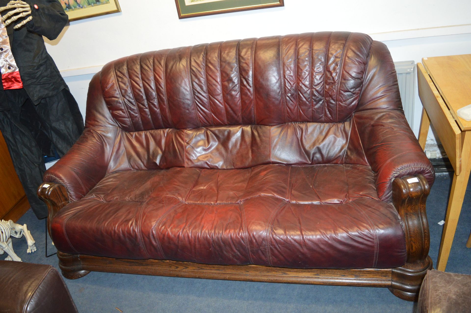 Red Leather Three Seat Sofa on Oak Base