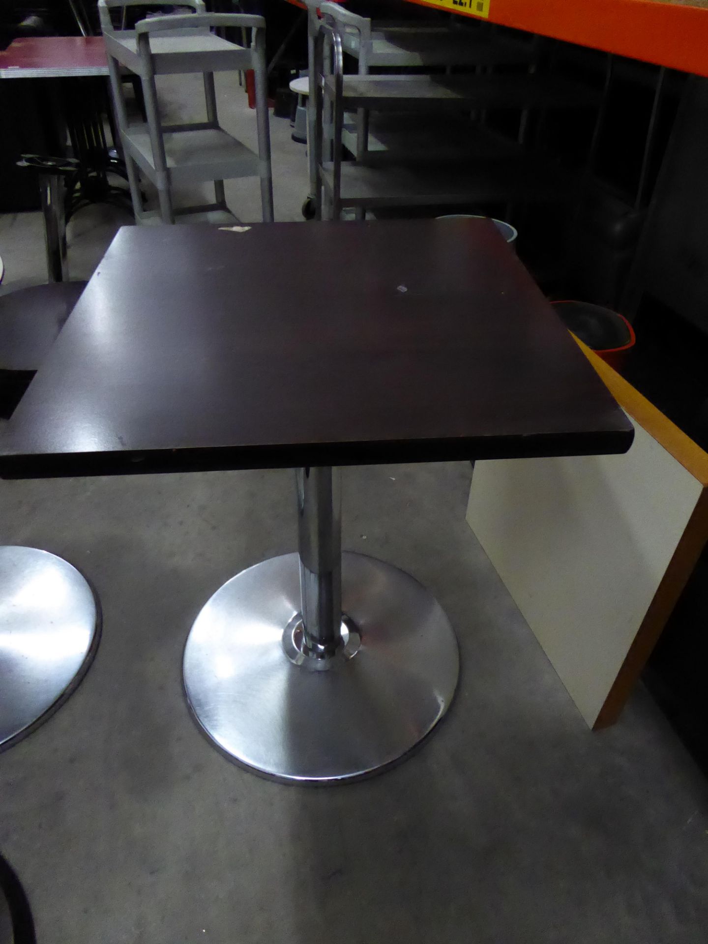 * 3 x tables with chrome bases - 2 x round (white wood effect top - 600d), 1 x square (dark work top - Image 2 of 3