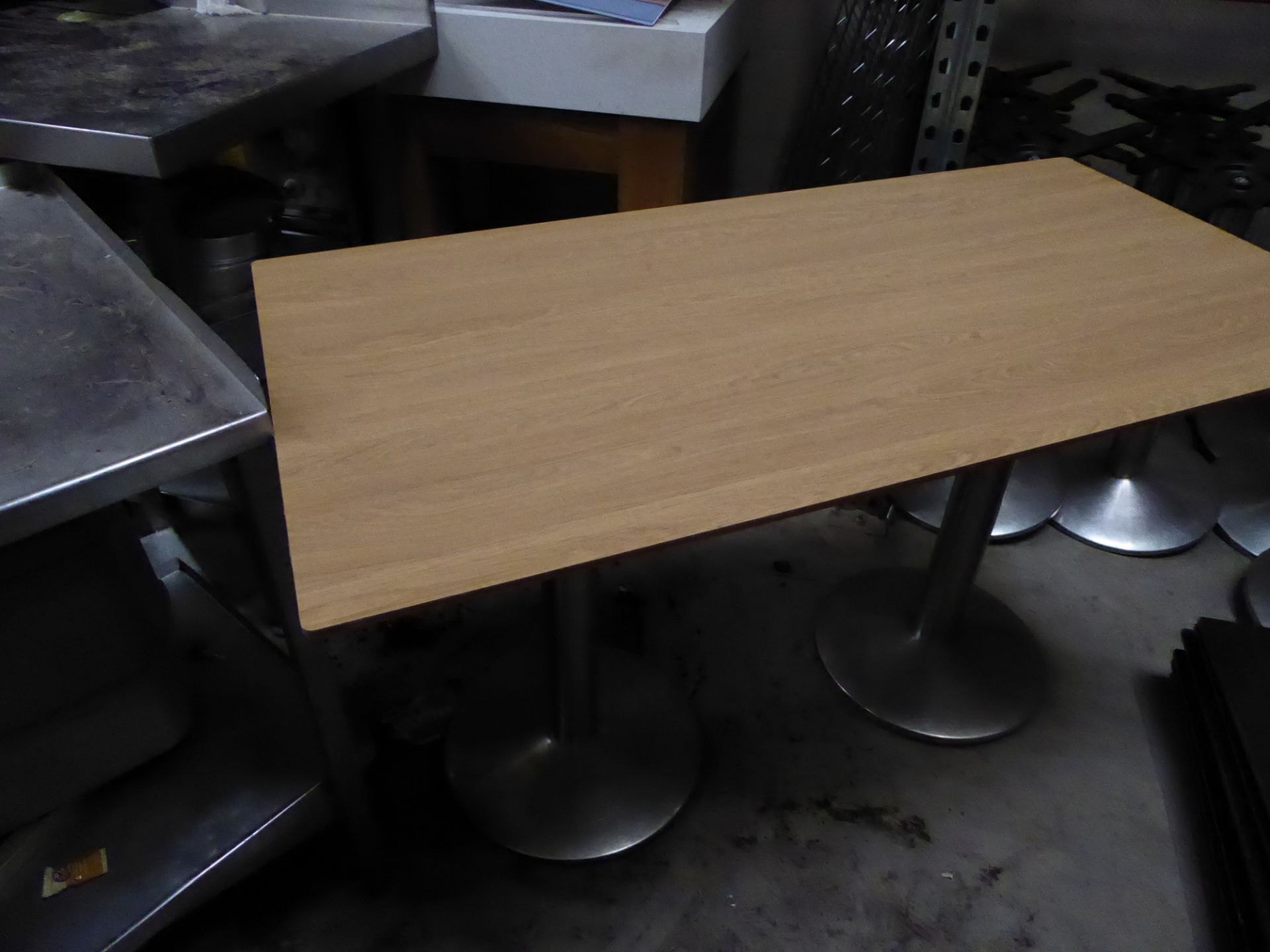 * 2 x rectancgle tables with double pedestal bases and wood effect tops. 1200w x 600d x 730h - Image 2 of 2