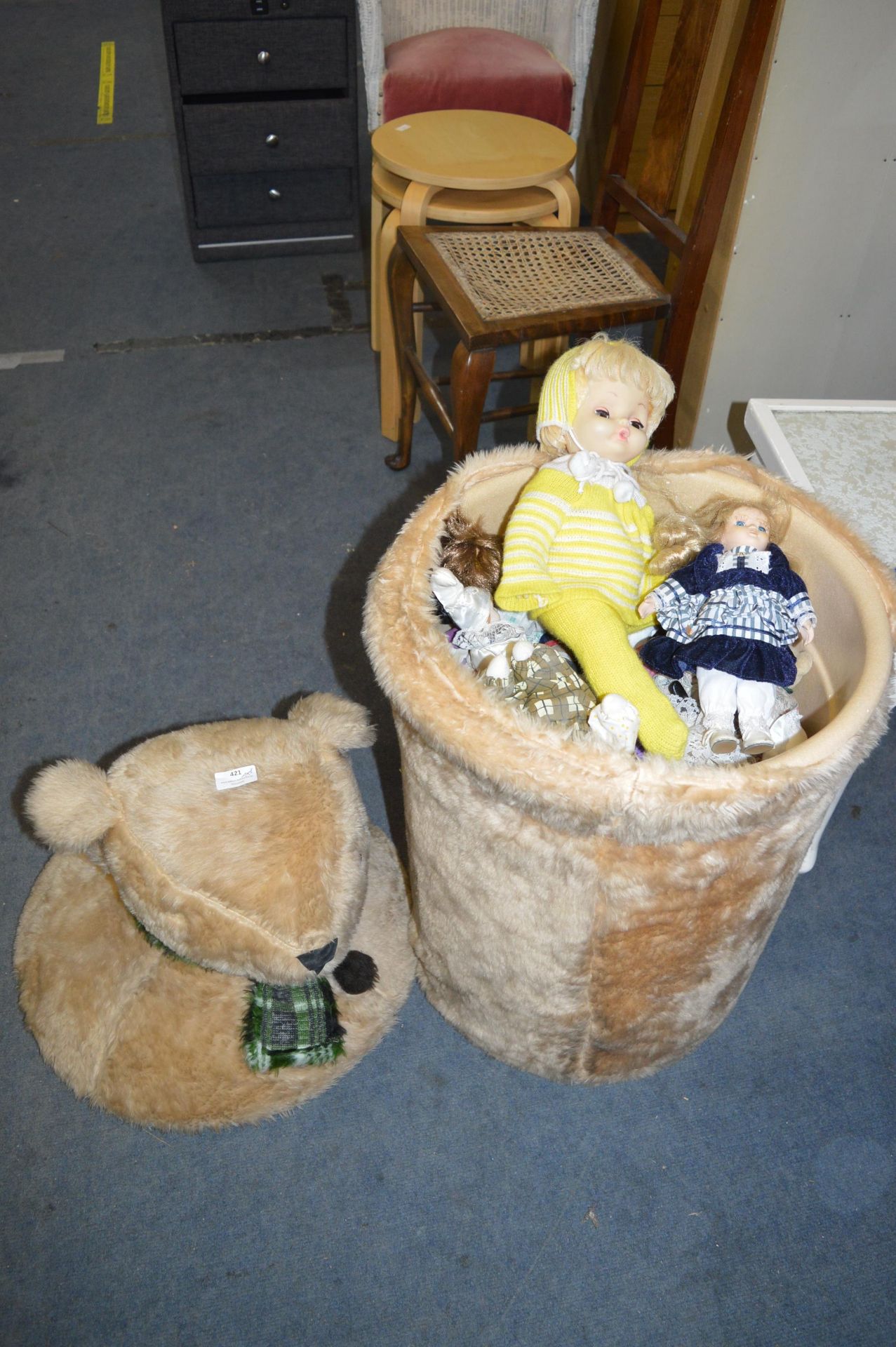 Teddy Bear Toy Storage Bin and Contents of Dolls