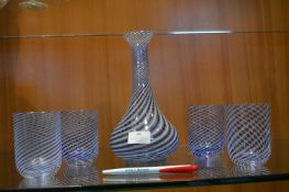 Blue & White Glass Decanter and Matching Tumblers