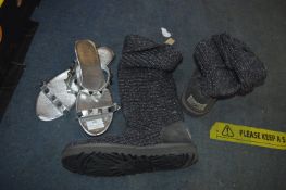 Pair of Knitted Ugg Boots plus Silver Sandals Size