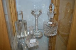 Two Glass Scent Bottles, Decanter, and a Candlesti