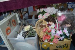 Two Boxes of Artificial Flowers, Dolls, Framed Emb