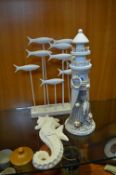 Fish Sculpture plus Lighthouse and Seahorse