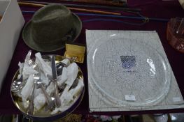 Glass Dish, Silver Handled Cutlery, Tweed Hat, etc