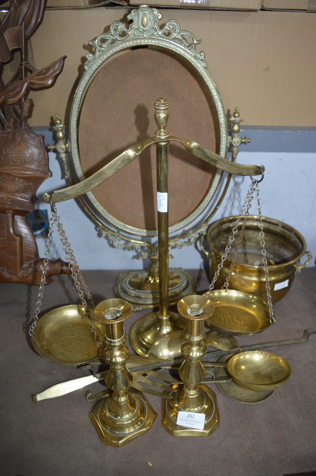 Brassware Including Scales, Candlesticks, etc.