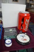 Coca-Cola Can Fridge plus Novelty Clocks and T-Shi