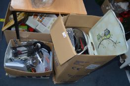 Two Large Boxes of Kitchenware, Pans, Trays, etc.