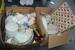 Two Boxes of Pottery Items, Cups, Casserole Dishes