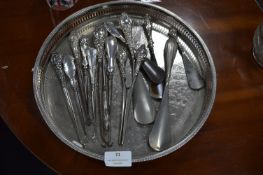 14 Silver Handled Button Hooks, Shoe Horns, and Tongs